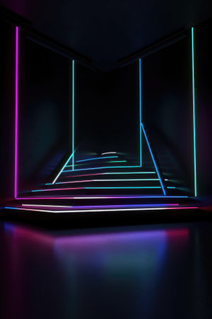 Black stage background with neon lamp. Glowing futuristic product display stand podium Against Background, neon geometric shape for product display presentation. Generative AI.の素材