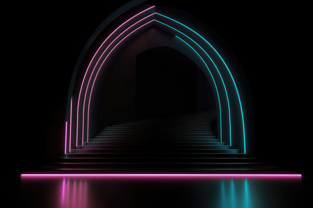 Black stage background with neon lamp. Glowing futuristic product display stand podium Against Background, neon geometric shape for product display presentation. Generative AI.の素材