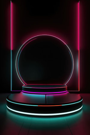 Black stage background with neon lamp. Glowing futuristic product display stand podium Against Background, neon geometric shape for product display presentation. Generative AI.の素材
