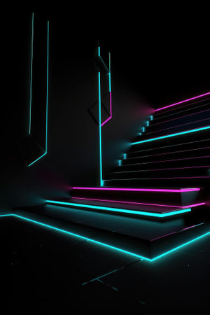 Black stage background with neon lamp. Glowing futuristic product display stand podium Against Background, neon geometric shape for product display presentation. Generative AI.の素材