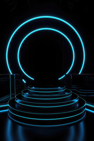 Black stage background with neon lamp. Glowing futuristic product display stand podium Against Background, neon geometric shape for product display presentation. Generative AI.の素材