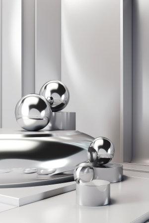 Silver podium color 3D background with geometric shapes for product presentation minimal style, stage, silver background. Generative AI.の素材
