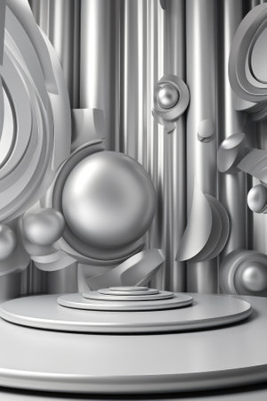 Silver podium color 3D background with geometric shapes for product presentation minimal style, stage, silver background. Generative AI.の素材