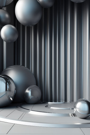 Silver podium color 3D background with geometric shapes for product presentation minimal style, stage, silver background. Generative AI.の素材