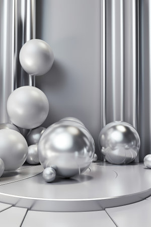 Silver podium color 3D background with geometric shapes for product presentation minimal style, stage, silver background. Generative AI.の素材