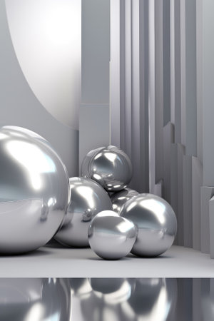 Silver podium color 3D background with geometric shapes for product presentation minimal style, stage, silver background. Generative AI.の素材