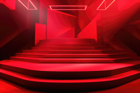 Red podium color 3D background with geometric shapes for product presentation minimal style, stage, red background. Generative AI.の素材