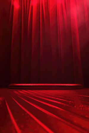 Red podium color 3D background with geometric shapes for product presentation minimal style, stage, red background. Generative AI.の素材