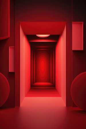 Red podium color 3D background with geometric shapes for product presentation minimal style, stage, red background. Generative AI.の素材