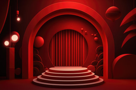 Red podium color 3D background with geometric shapes for product presentation minimal style, stage, red background. Generative AI.の素材