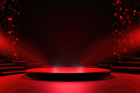 Red podium color 3D background with geometric shapes for product presentation minimal style, stage, red background. Generative AI.の素材