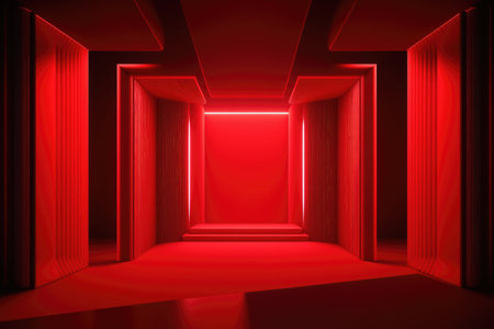 Red podium color 3D background with geometric shapes for product presentation minimal style, stage, red background. Generative AI.の素材