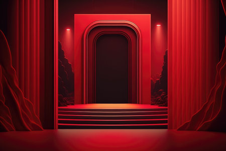 Red podium color 3D background with geometric shapes for product presentation minimal style, stage, red background. Generative AI.の素材