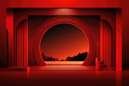 Red podium color 3D background with geometric shapes for product presentation minimal style, stage, red background. Generative AI.の素材