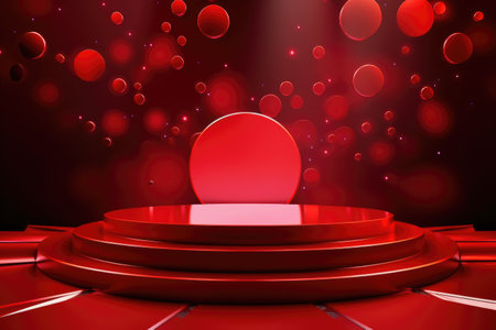 Red podium color 3D background with geometric shapes for product presentation minimal style, stage, red background. Generative AI.の素材