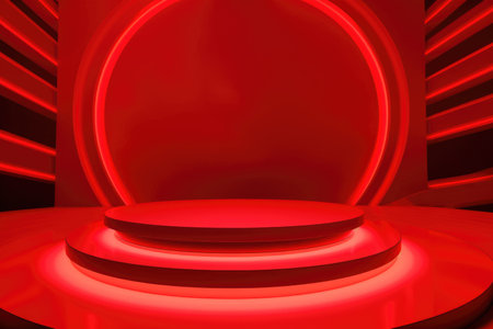 Red podium color 3D background with geometric shapes for product presentation minimal style, stage, red background. Generative AI.の素材