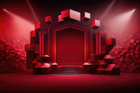 Red podium color 3D background with geometric shapes for product presentation minimal style, stage, red background. Generative AI.の素材