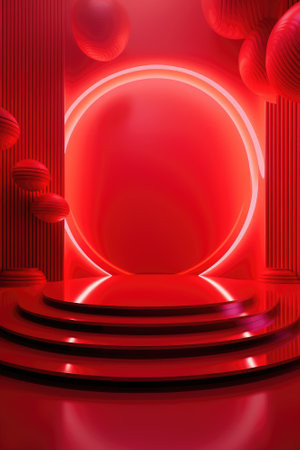 Red podium color 3D background with geometric shapes for product presentation minimal style, stage, red background. Generative AI.の素材