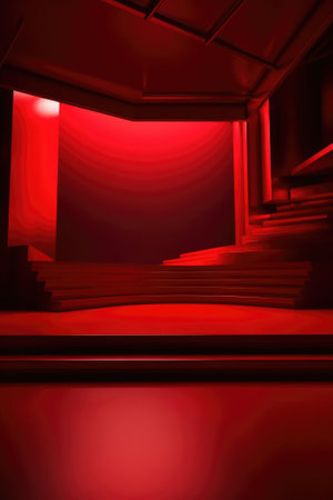 Red podium color 3D background with geometric shapes for product presentation minimal style, stage, red background. Generative AI.の素材