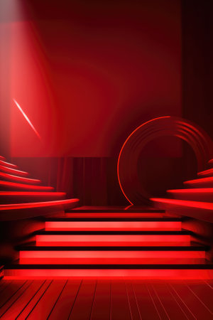 Red podium color 3D background with geometric shapes for product presentation minimal style, stage, red background. Generative AI.の素材