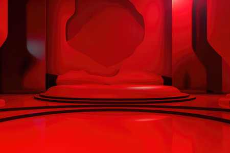 Red podium color 3D background with geometric shapes for product presentation minimal style, stage, red background. Generative AI.の素材