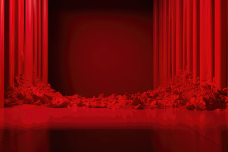 Red podium color 3D background with geometric shapes for product presentation minimal style, stage, red background. Generative AI.の素材