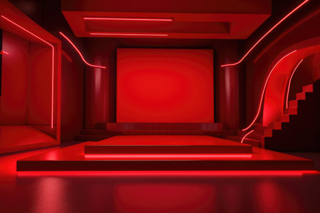 Red podium color 3D background with geometric shapes for product presentation minimal style, stage, red background. Generative AI.の素材
