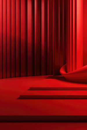 Red podium color 3D background with geometric shapes for product presentation minimal style, stage, red background. Generative AI.の素材
