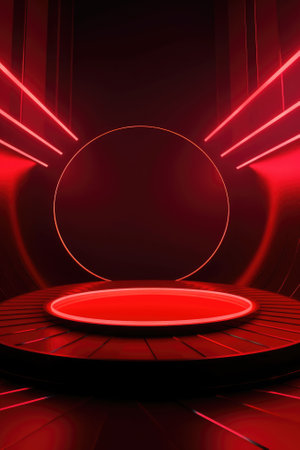 Red podium color 3D background with geometric shapes for product presentation minimal style, stage, red background. Generative AI.の素材