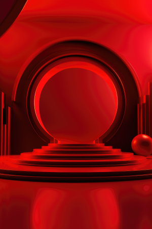 Red podium color 3D background with geometric shapes for product presentation minimal style, stage, red background. Generative AI.の素材