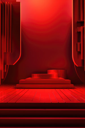 Red podium color 3D background with geometric shapes for product presentation minimal style, stage, red background. Generative AI.の素材