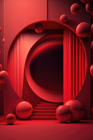 Red podium color 3D background with geometric shapes for product presentation minimal style, stage, red background. Generative AI.の素材