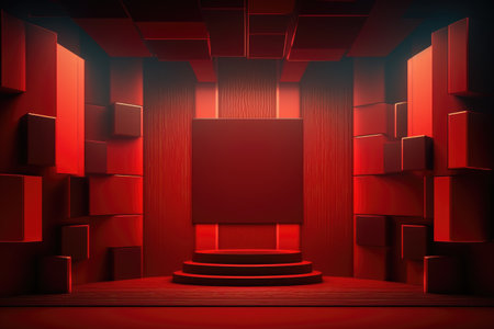 Red podium color 3D background with geometric shapes for product presentation minimal style, stage, red background. Generative AI.の素材