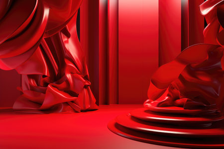 Red podium color 3D background with geometric shapes for product presentation minimal style, stage, red background. Generative AI.の素材