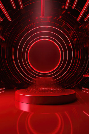 Red podium color 3D background with geometric shapes for product presentation minimal style, stage, red background. Generative AI.の素材