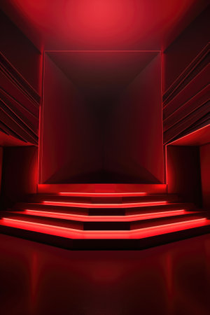 Red podium color 3D background with geometric shapes for product presentation minimal style, stage, red background. Generative AI.の素材