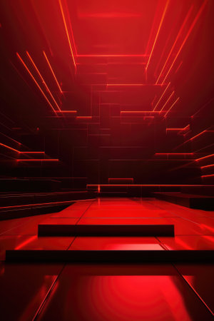 Red podium color 3D background with geometric shapes for product presentation minimal style, stage, red background. Generative AI.の素材