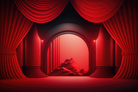 Red podium color 3D background with geometric shapes for product presentation minimal style, stage, red background. Generative AI.の素材