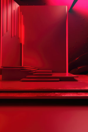Red podium color 3D background with geometric shapes for product presentation minimal style, stage, red background. Generative AI.の素材