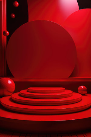Red podium color 3D background with geometric shapes for product presentation minimal style, stage, red background. Generative AI.の素材