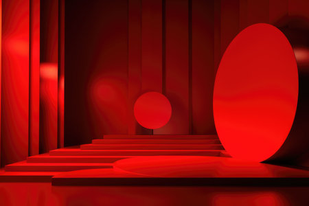 Red podium color 3D background with geometric shapes for product presentation minimal style, stage, red background. Generative AI.の素材
