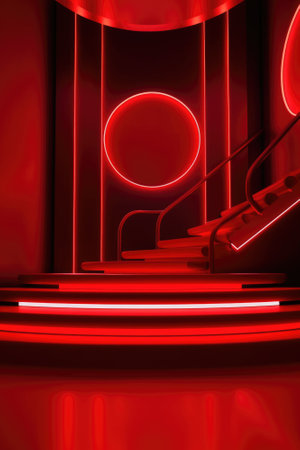 Red podium color 3D background with geometric shapes for product presentation minimal style, stage, red background. Generative AI.の素材