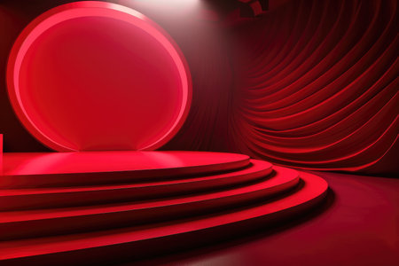 Red podium color 3D background with geometric shapes for product presentation minimal style, stage, red background. Generative AI.の素材