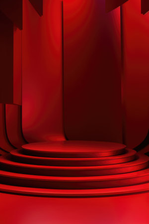 Red podium color 3D background with geometric shapes for product presentation minimal style, stage, red background. Generative AI.の素材