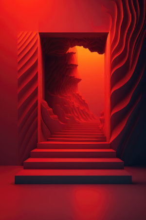 Red podium color 3D background with geometric shapes for product presentation minimal style, stage, red background. Generative AI.の素材