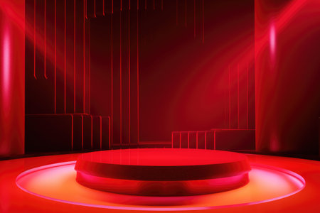 Red podium color 3D background with geometric shapes for product presentation minimal style, stage, red background. Generative AI.の素材