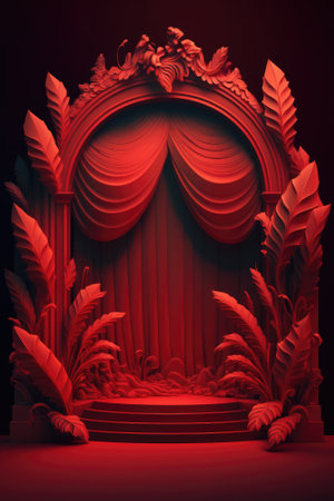 Red podium color 3D background with geometric shapes for product presentation minimal style, stage, red background. Generative AI.の素材
