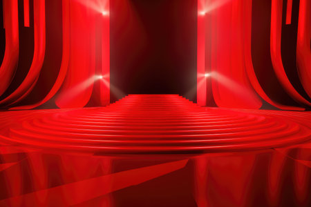 Red podium color 3D background with geometric shapes for product presentation minimal style, stage, red background. Generative AI.の素材