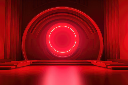 Red podium color 3D background with geometric shapes for product presentation minimal style, stage, red background. Generative AI.の素材