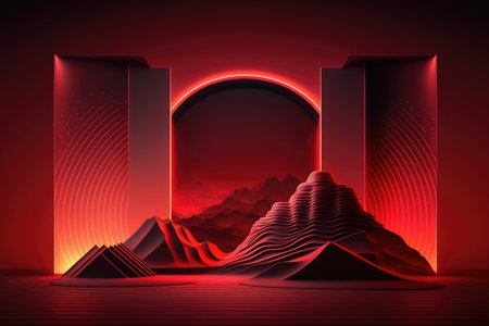 Red podium color 3D background with geometric shapes for product presentation minimal style, stage, red background. Generative AI.の素材